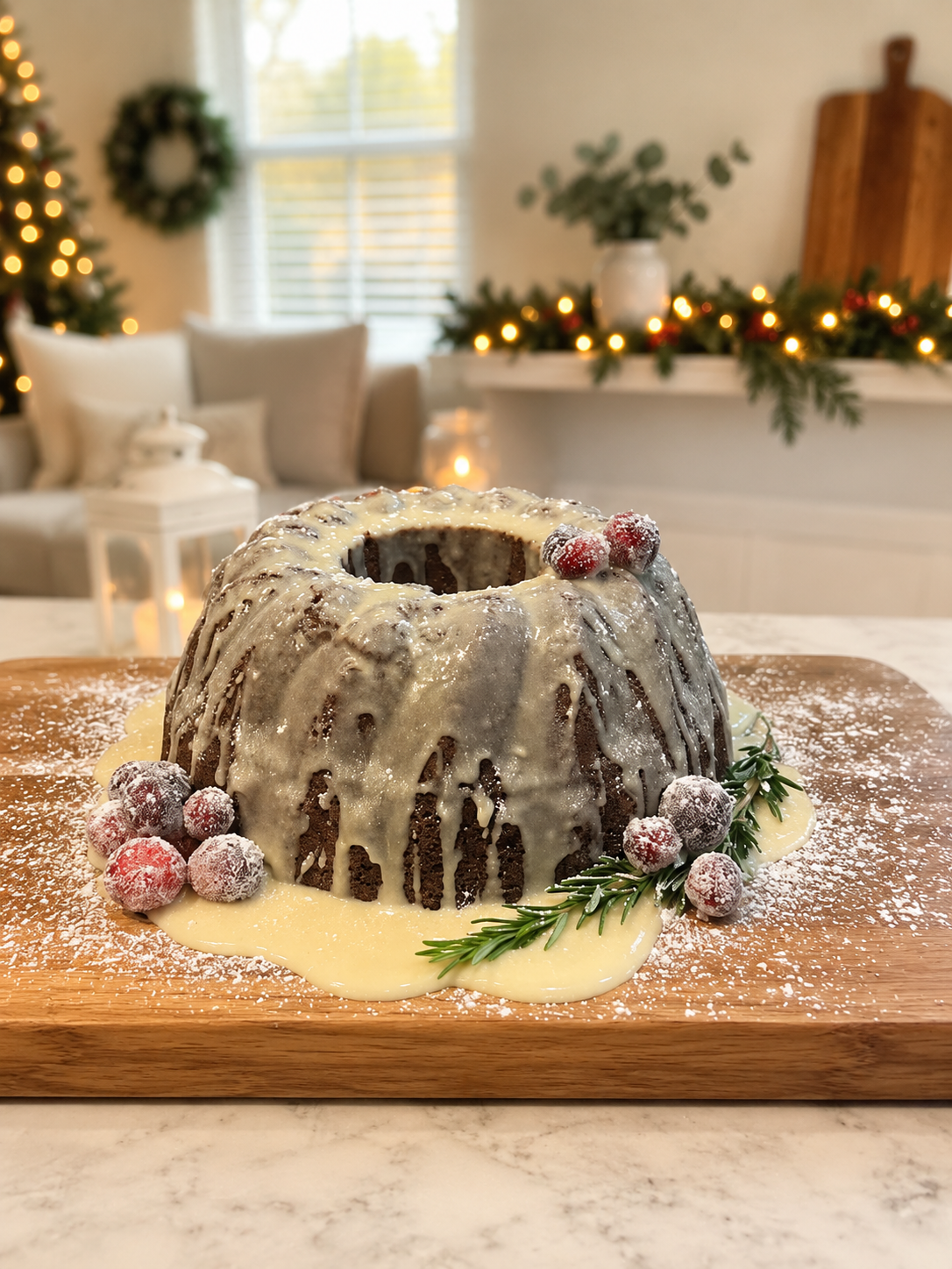 Glazed holiday bundt cake with sugared cranberries
